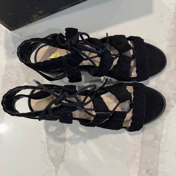 Route 66 Marcia LaceUp Wedge Dress Sandals Womens 7 Black ChunkyHeel WovenStraps - Picture 5 of 9